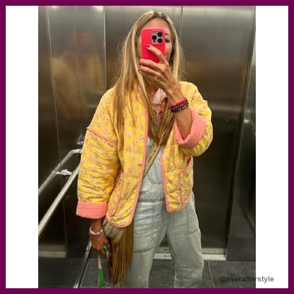 Cropped Puffer Quilted Jacket Vintage Floral Print Open Front Lightweight Y2K - Picture 4 of 8
